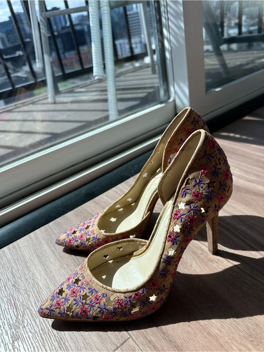 Jessica Simpson Claudette Pink Multi Floral Cork D’Orsay Pumps